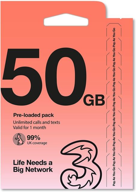 UK Europe 30days Prepaid SIM with 25/50GB Unlimited call and text Three Network