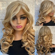 Long Wavy Blonde Mix Human Hair Blend Heat Ok Wigs Women Soft Natural Daily use