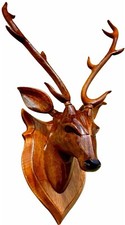 Handcrafted Wood Deer Head with Horn Sculpture Figurine Showpiece Wall Decor