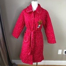 NWT Vintage Red Quilted Belted Floral Scalloped Trim Cozy House Coat Robe S/M