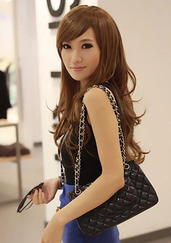 Moda Peluca Larga Mediana Marrón Ondulada Rizada Mujeres Dama Juegos con disfraces Pelucas + Gorra Peluca Foto 2 de 4