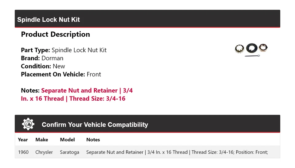 Комплект передних гаек замка шпинделя для Chrysler Saratoga Dorman 1960 года - Изображение 2 из 4