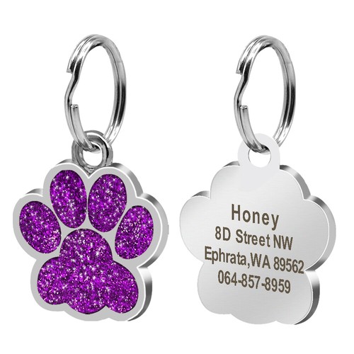 Paw Glitter Personalised Dog Tags Pet Cat Name ID Collar Tag Engraved 10 Colours - Picture 11 of 21