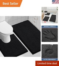 Chenille Bathroom Rugs Sets 2 Piece 30x20 U Shape 24x20, Black