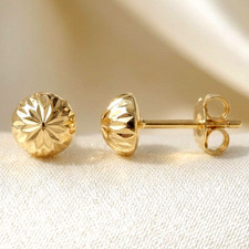 14K Real Solid Gold Diamond-Cut Half Ball Bead Sleeper Studs Earrings Push-back