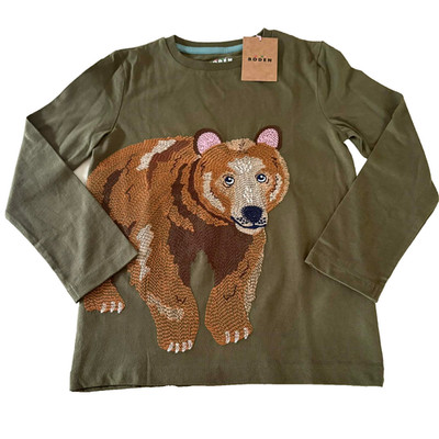 Mini Boden Olive-Khaki Green Bear Superstitch Long Sleeve Shirt. Size 5-6 Years.
