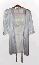 DAVIDS BRIDAL White Satin Robe w/Belt  Embroidered 'Bride' in gray S/M