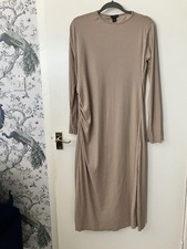 Boohoo Midi Dress Size 18 Beige Asymmetrical Long Sleeves Ribbed Soft Touch