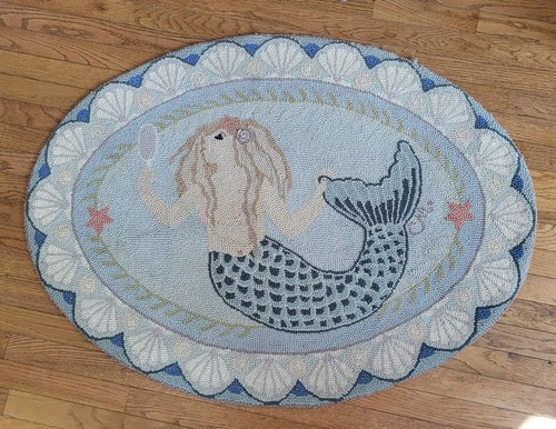 Nantucket Hooked Wool Rug, Claire Murray Design, Mermaid, Circa 1990, 32 x 44