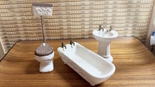 Vintage 3-piece porcelain dollhouse bathroom set, Victorian-style, rare
