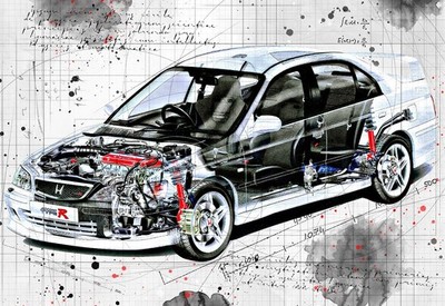 Line Tech Zeichnung Honda Accord Typ Auto Car Classic Cutaway Kunst Poster Druck