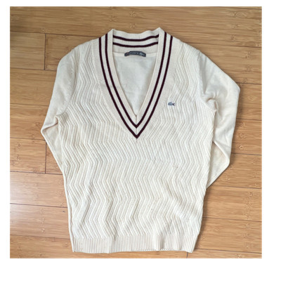 Lacoste Ivory Chevron Knit V-Neck Sweater Striped Trim Logo Burgundy