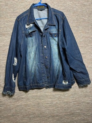 TAXI Denim Jacket Mens 2XL Blue Distressed Button Front Jean