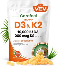 Vitamin D3 K2 10,000 IU, 200 mcg MK-7, 300 Coconut Oil Softgels, 2 in 1 Vitamins