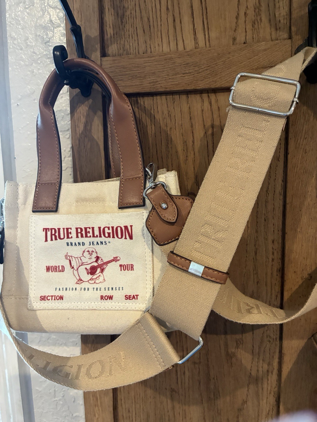 True Religion Logo Patch Shoulder Bag Beige Brown Detachable Strap Women thumbnail 5