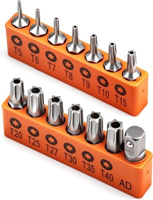 14-Piece Tamper Resistant Star Bits, S2 Alloy Steel, T5 - T40 Security Torx Bit 