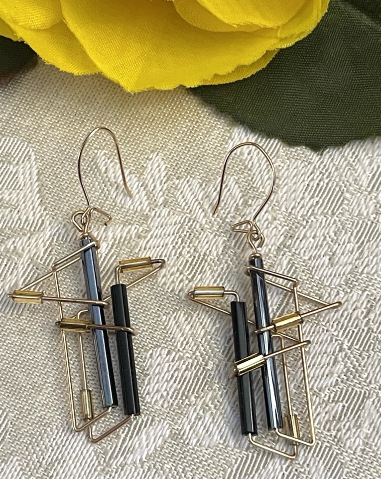 Mod Geometric Black Magnesite & Hematite Earrings 18K Gold Plated Brass Hooks - Image 2 of 3