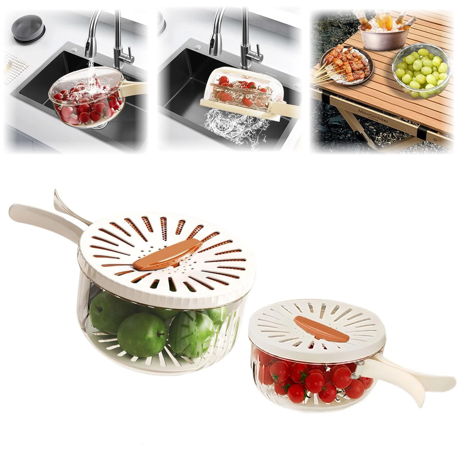 2 Pcs Fruit Vegetable Washing Bowl with Strainer, 2.85QT+1QT Multipurpose Dra...