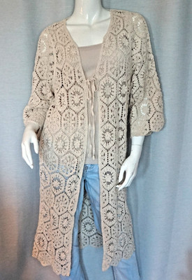 Hippie Bändchen Häkel Strick Netz Mantel Tunika Kimono Beige 34,36,38,40 Neu