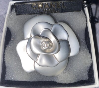 CHANEL Coco Logo Camellia Flower Brooch Silver Plate 01A | eBay