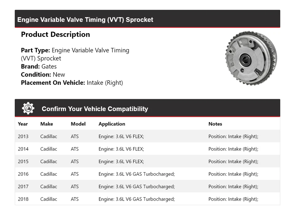 Впускные (справа) ворота звездочки двигателя VVT для Cadillac ATS 2013-2018 годов выпуска 2014 2015 годов выпуска - Изображение 2 из 4