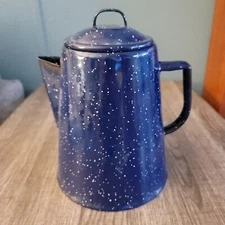 Vtg Blue Speckled Enamel Ware Kitchen Stove Top Camping Coffee Pot Percolator