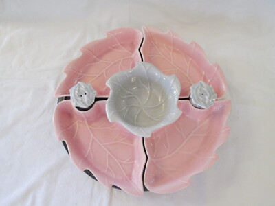 1960s California Pottery Lazy Susan w/ Wood Base 8 Piece Chip/Dip