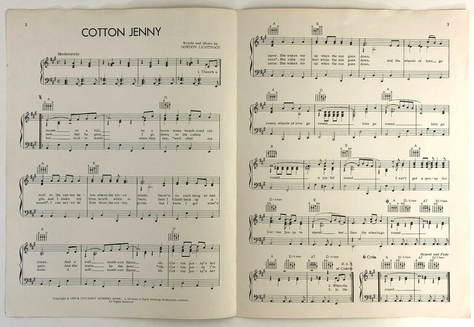 Cotton Jenny Anne Murray Sheet Music 1971 Pop Song Gordon Lightfoot
