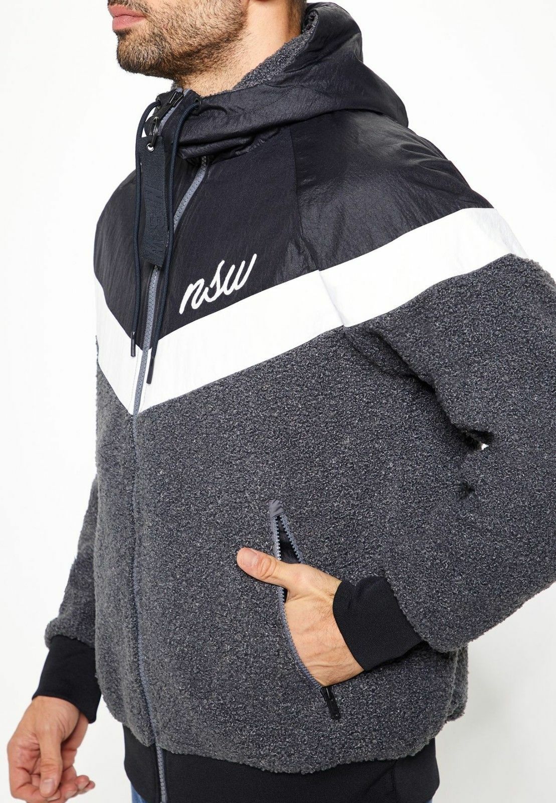 NIKE NSW SHERPA WINDRUNNER JACKET MENS SIZE XL (930316 010) BLACK/ GREY/ WHITE