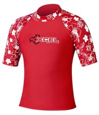 Xcel Boy's 4-Way Stretch Fabric Short Sleeve Rashguard, Red Floral, 12