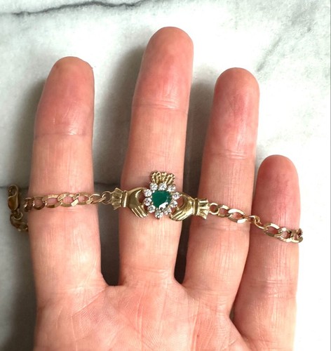 IRISH 14K YELLOW GOLD EMERALD AND CZ CLADDAGH BRACELET - Picture 9 of 9