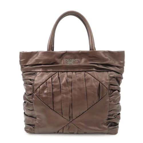 Prada Gathered Leather Tote Bag Hand Bag Bronze Silver HDW BN1719 Auth Used