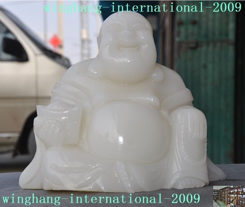 100% Natural Afghanistan White Jade Hand carved yuanbao Maitreya Buddha statue