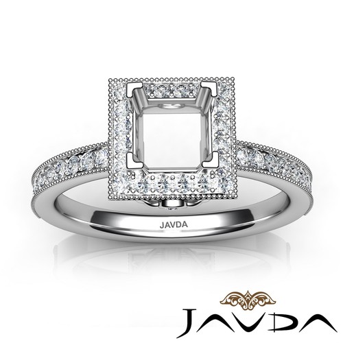 Halo Pave Princess Semi Mount Milgrain Diamond Engagement Ring Platinum 0.5Ctw - Picture 7 of 7