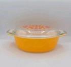 Vintage Pyrex Friendship 043 1 1/2 QT Orange Casserole Clear Patterned Lid