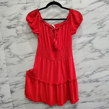American Eagle Sun Dress Womens Size S Red Ruffle Elastic Waste Neck Tassle Boho