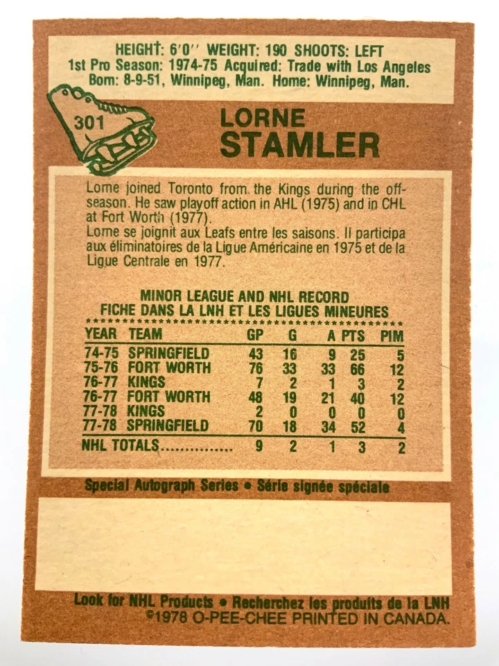 1978 Lorne Stamler 301 OPC Toronto Maple Leafs O-Pee-Chee Hockey Card 0287M - Image 2 of 4