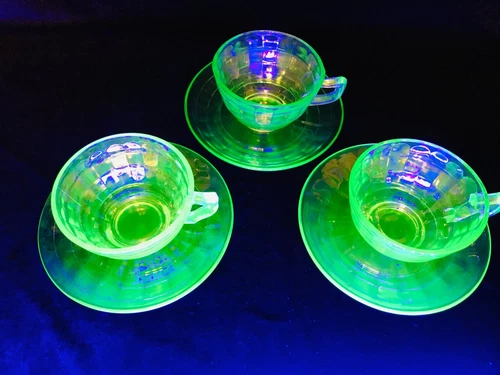 Anchor Hocking Green Uranium Glass Block Optic Cups & Saucers, Set of 3