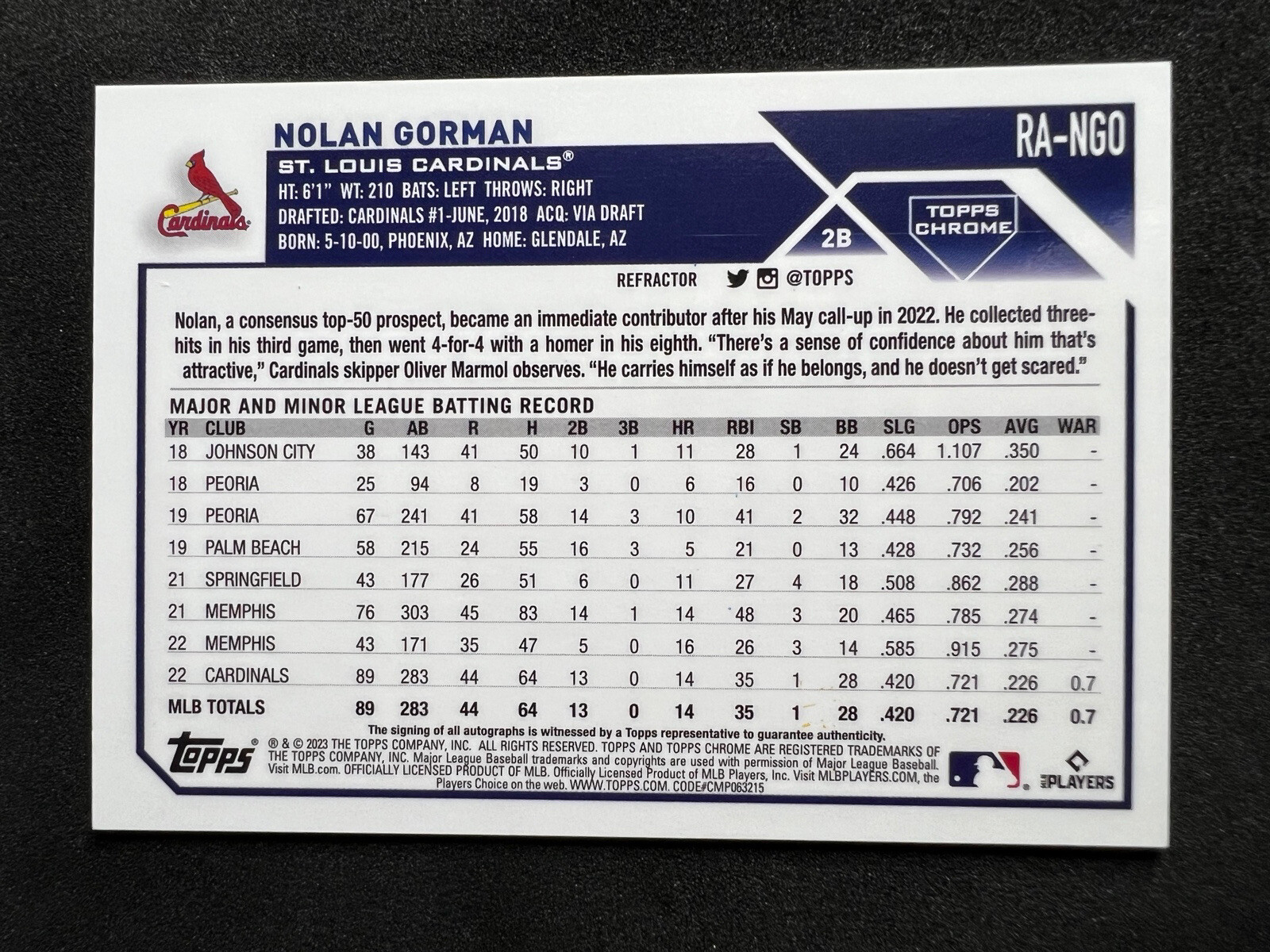 2023 Topps Chrome Nolan Gorman Refractor Auto /499 Rookie RC Cardinals