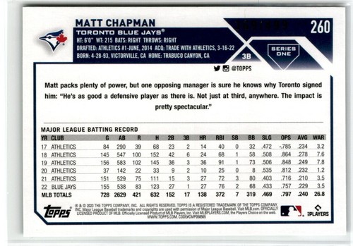 2023 Topps Ser 1 matt Chapman #260 grüne Folienplatte parallel 369/499 blau Jays as - Bild 2 von 2