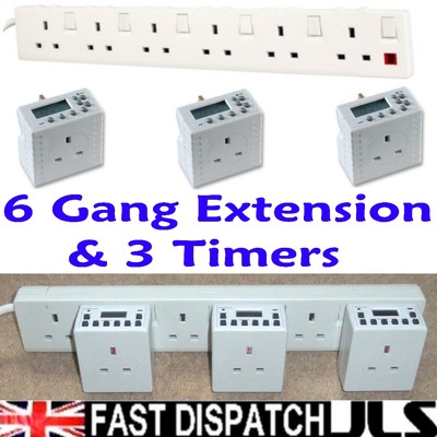 3 Timer Sockets 6 GANG 2 Metre EXTENSION LEAD 13A 2M CABLE Switched 7 ...