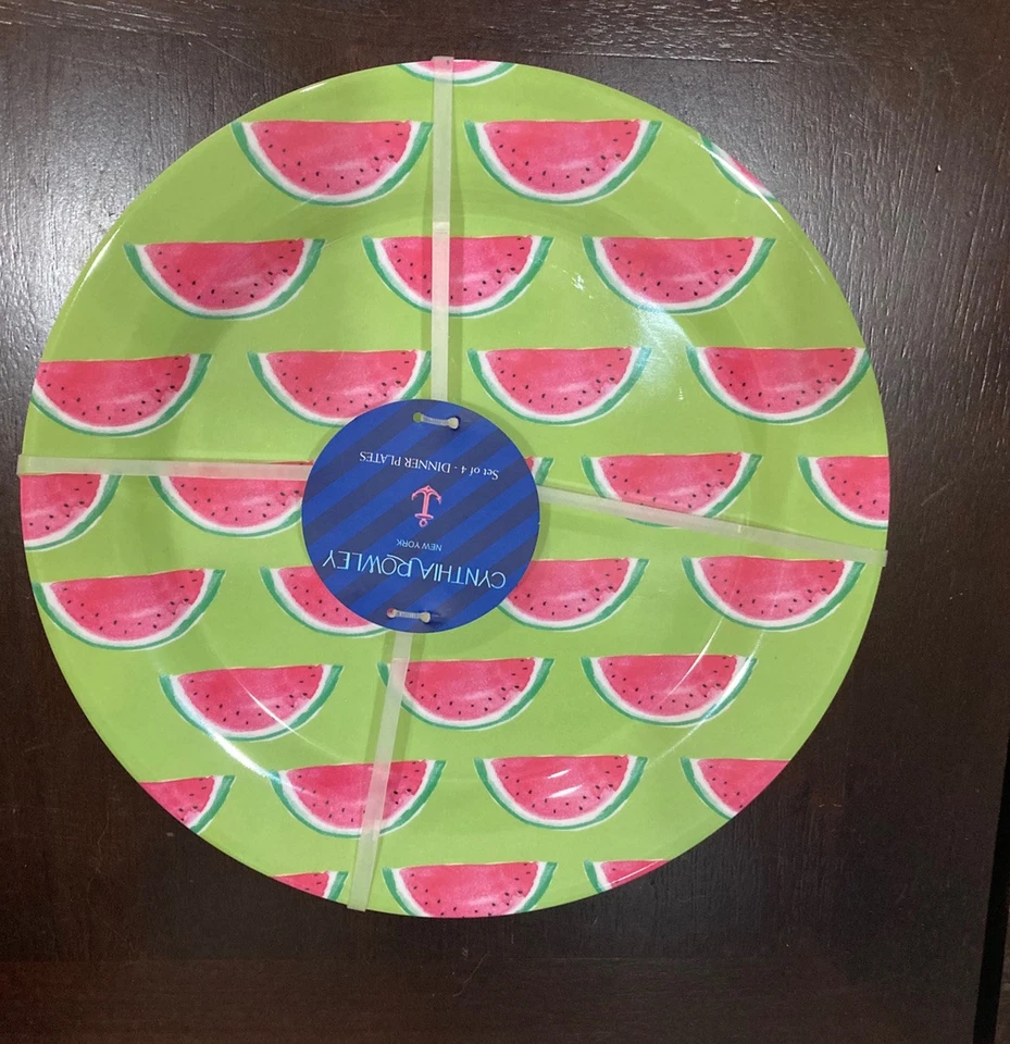 Cynthia Rowley Set Of 4 Watermelon Slices Pink And Green Melomine Dinner Plates - Image 2 of 3