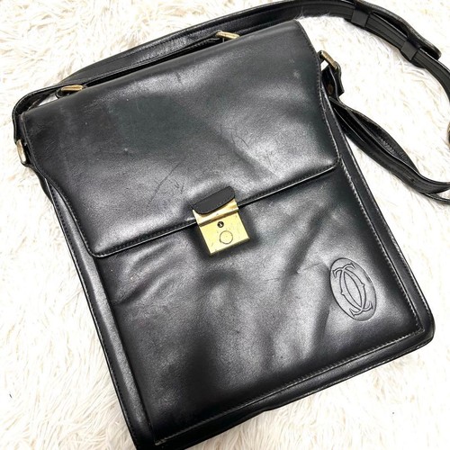 Cartier Mustline Shoulder Bag Black 12.6"x10.2"x1.2" Authentic Used