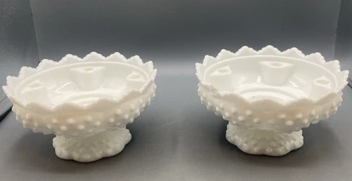 Pair of Fenton Hobnail Milk Glass Candle Holder Centerpieces