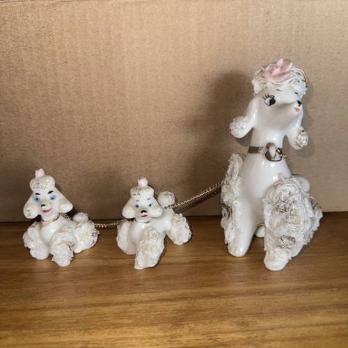 Vintage Spaghetti Poodle Dog Mom with Two Baby Puppies On Chain MCM White & Gold