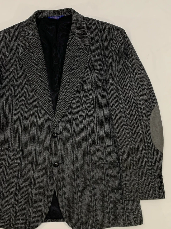 Casaco esportivo vintage anos 80/90 pêndulo cinza/preto lã espinha de peixe remendos de camurça 44R - Imagem 3 de 4