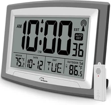 Wallarge Atomic Clock with Outdoor and Indoor Temperature - Self-Setting Alarm D
