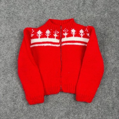 Handmade Zip Up Cardigan Sweater Kids Small Red Fair Isle Tree Knit Vintage 80s