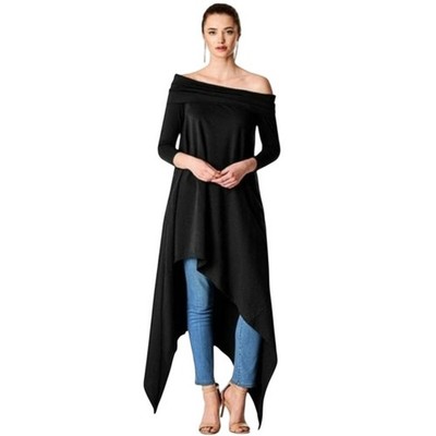 Eshakti Black Off the Shoulder Asymmetric Avant Garde Lagenlook Midi Dress 1X 2X