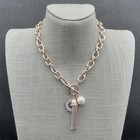 Guess Necklace Rose Gold Tone Toggle Chain Logo Coin Tassel Faux Pearl Statement